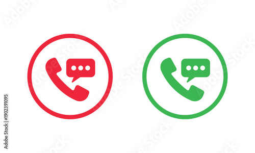 Flat vector icons of a phone handset with a message bubble in red and green solid circles. Minimalist communication symbols for call and text support.