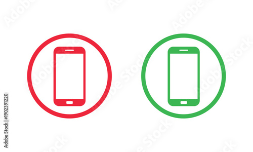 Two circular phone icons, red with white handset facing down to end call, and green with white handset facing up to answer call. Universal mobile communication symbols for apps and interfaces.