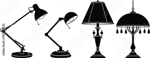 WebMinimalist Black Silhouette Set Of Modern Desk Lamps And Classic Table Lamps Featuring Adjustable Arms And Decorative Shades For Interior Design And Office Decor Projects