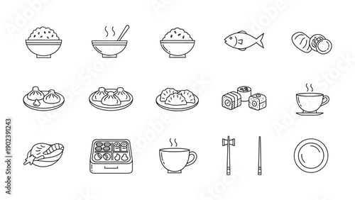 Culinary Delights: Minimalist icons depicting an array of culinary elements, a visual exploration of diverse food experiences.