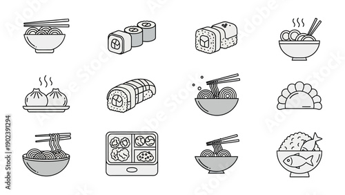 Culinary Art Illustration: A captivating monochrome illustration showcasing a diverse array of culinary delights, artfully arranged to tantalize the senses.