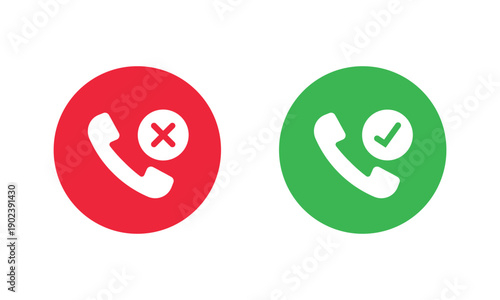 Two circular phone icons, red with white handset facing down to end call, and green with white handset facing up to answer call. Universal mobile communication symbols for apps and interfaces.