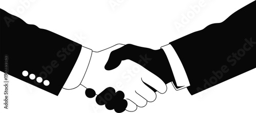 Black and white handshake illustration of suited individuals symbolizing trust, cooperation, business agreement, partnership, diplomacy, unity, and formal professional greeting