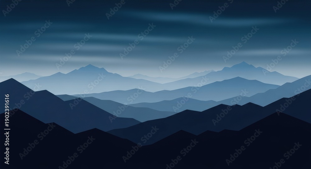 Obraz premium Serene and Mysterious Mountain Landscape in Blue Tones with Gentle Cloudy Sky
