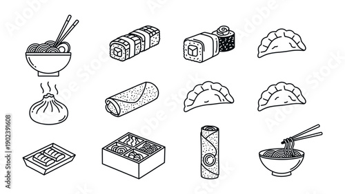 Line Art Feast: A delightful line art depiction of an assortment of delectable Asian cuisine, meticulously arranged to showcase the artistry of culinary traditions.