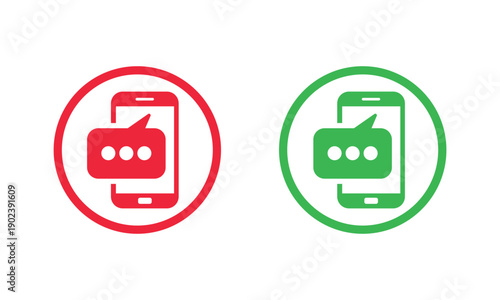 Flat vector icons of a phone handset with a message bubble in red and green solid circles. Minimalist communication symbols for call and text support.