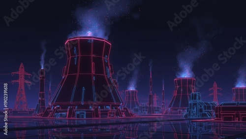 Wallpaper Mural A neon wireframe energy facility with glowing reactors and vapor at night, sci fi power grid, nuclear energy concept Torontodigital.ca