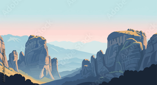 Pixelated mountainous landscape with layered peaks and soft sky