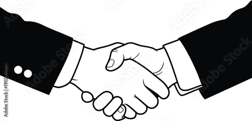 Black and white handshake illustration symbolizing trust, cooperation, business agreement, partnership, diplomacy, unity, and greeting