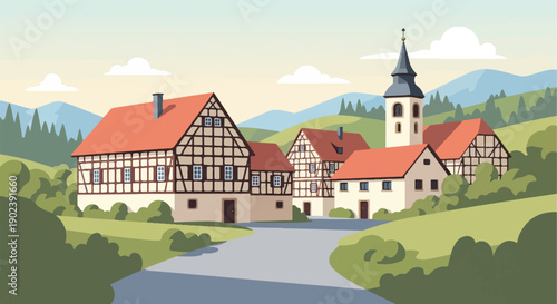 Pixelated village with timbered houses and church nestled in rolling hills