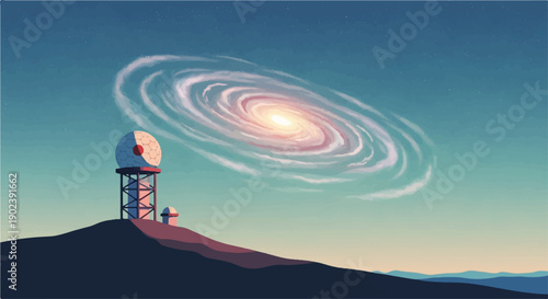 Pixelated observatory with spiral galaxy overhead under starry sky