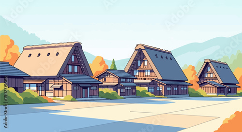 Pixelated village with thatched-roof houses and autumn foliage