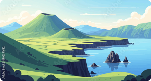 Pixelated volcanic islands meet the serene blue ocean with distant mountains