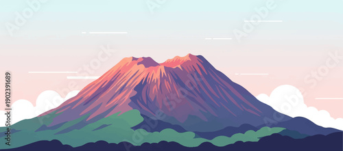 Pixelated volcano summit glows with pink and orange hues at dawn