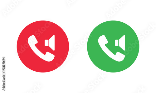 Set of red and green circular call icons featuring a white phone handset and a speaker symbol. Represents hands-free mode, volume, or audio settings in a clean, flat vector style.