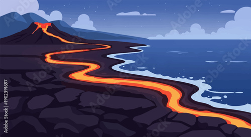 Pixelated volcano erupts molten lava onto dark, rocky shore beside ocean