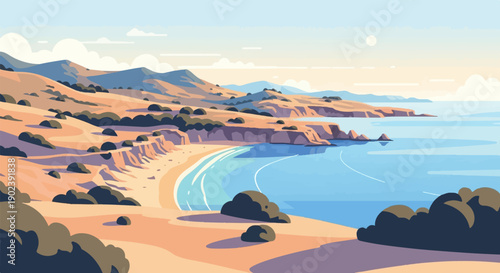 Pixelated coastal landscape with rolling hills meeting the ocean under a soft sky