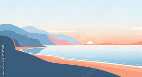 Pixelated coastal landscape with mountains and a tranquil ocean at sunset