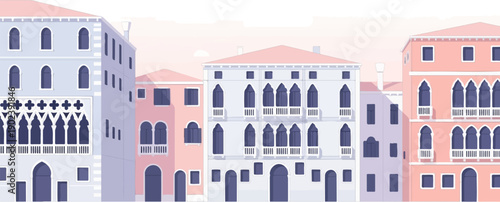 Pixelated pastel buildings with arched windows and balconies line a canal