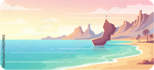 Pixelated coastal scene with mountains, ocean, beach, and palm trees at sunset