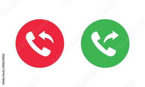 Two circular phone icons, red with white handset facing down to end call, and green with white handset facing up to answer call. Universal mobile communication symbols for apps and interfaces.