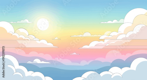 Pixelated pastel clouds and sky with a bright sun in the distance