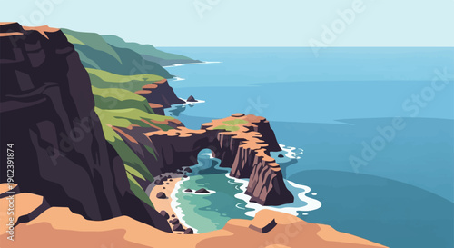 Pixelated coastal scene with arch rock and crashing waves