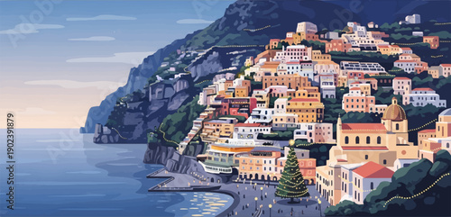 Pixelated coastal town with colorful buildings cascading down a steep, green mountain