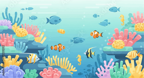 Pixelated coral reef teeming with colorful fish and seahorses