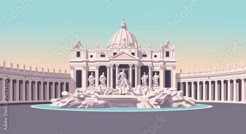 Pixelated classic landmark with grand colonnades and a central fountain