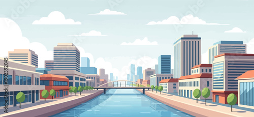 Pixelated cityscape with river and bridge under a cloudy sky