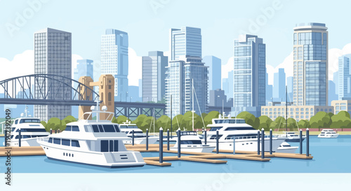 Pixelated cityscape with yachts docked in a harbor under a blue sky