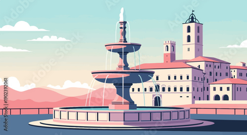 Pixelated cityscape with fountain and distant pink hills under sky