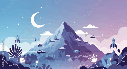 Pixelated cosmic landscape with rockets soaring through mountains under a crescent moon