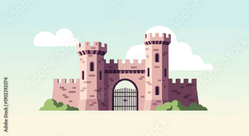Pixelated pink castle with tall towers and gate under a sky with clouds
