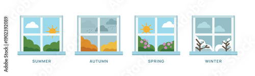 Set of four window views representing seasons with Summer, Autumn, Spring, Winter. Nature landscape vector illustration