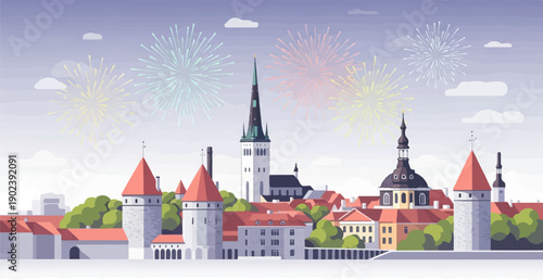 Pixelated cityscape with fireworks over historic towers and buildings