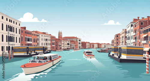 Pixelated depiction of a canal with boats and historic buildings under a sky
