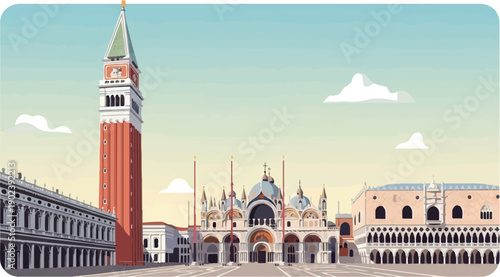 Pixel art depiction of a historic European city square with a tall bell tower