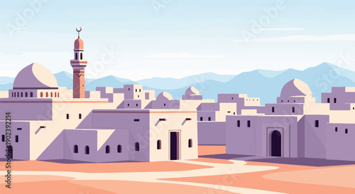 Pixel art depiction of a traditional desert town with mosque