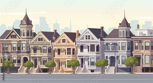 Pixel art depiction of a row of Victorian houses in a city