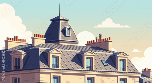 Pixel art depicts Parisian rooftops and chimneys under a soft, hazy sky