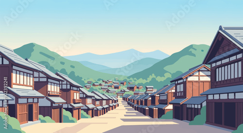 Pixel art depiction of a traditional Japanese village nestled in green hills