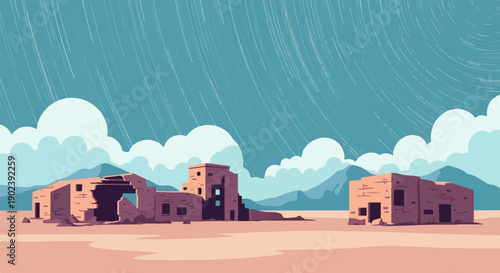 Pixel art desert landscape with abandoned buildings under a stormy, star-streaked sky