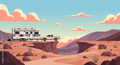Pixel art desert landscape with camper and truck near canyon edge