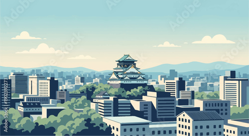 Pixelated cityscape with a traditional castle atop a hill, distant mountains, and clouds