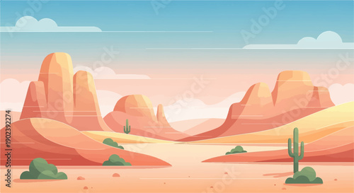 Pixel art desert landscape with rock formations and cacti under a soft sky