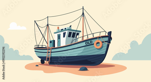 Pixel art fishing boat resting on a sandy shore under a cloudy sky