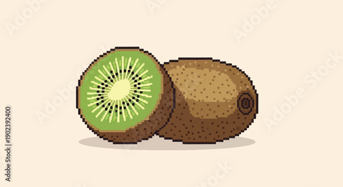 Pixel art illustration of a halved kiwi and a whole kiwi against a pale background