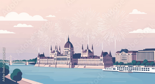 Pixelated cityscape at dusk with fireworks over river and historic buildings